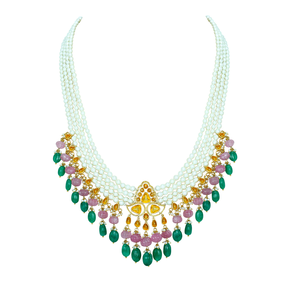 Layered Pearl Necklace with Polki, Emerald, and Rose Quartz Beads